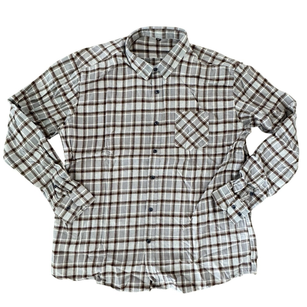 Flannel Shirt Plaid Button Up‎ Long Sleeve Casual Gray Brown Mens Size 46